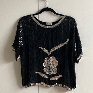 1980’s vintage black & silver floral design sequin & silk blouse